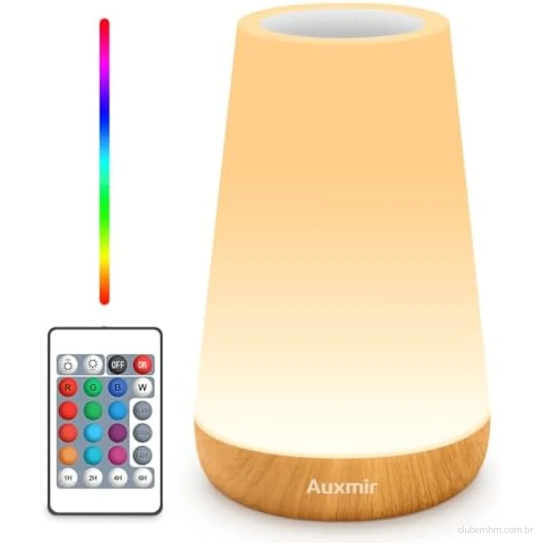Auxmir Luminária Noturna Recarregável de LED, Luminária de Cabeceira com Controle por Toque e Controle Remoto com 13 Cores, 5 Níveis de Brilho, Luminária de Mesa Portátil para Berçário de Crianças