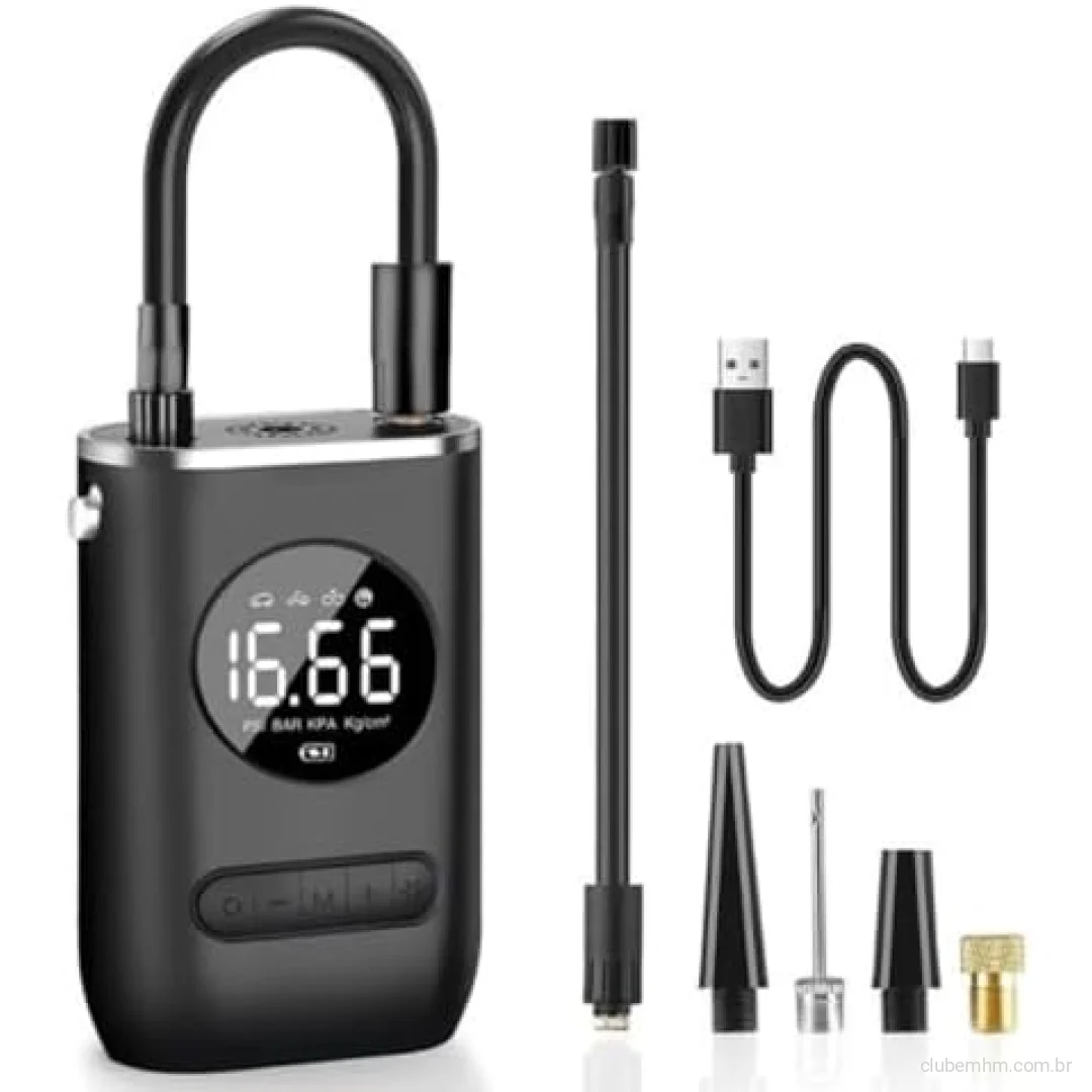 Calibrador Compressor Bomba De Ar Portátil Digital com Lanterna LED para Encher Pneus de Carro, Moto, Bike, Bicicleta, Bola e Piscina Inflável 50W