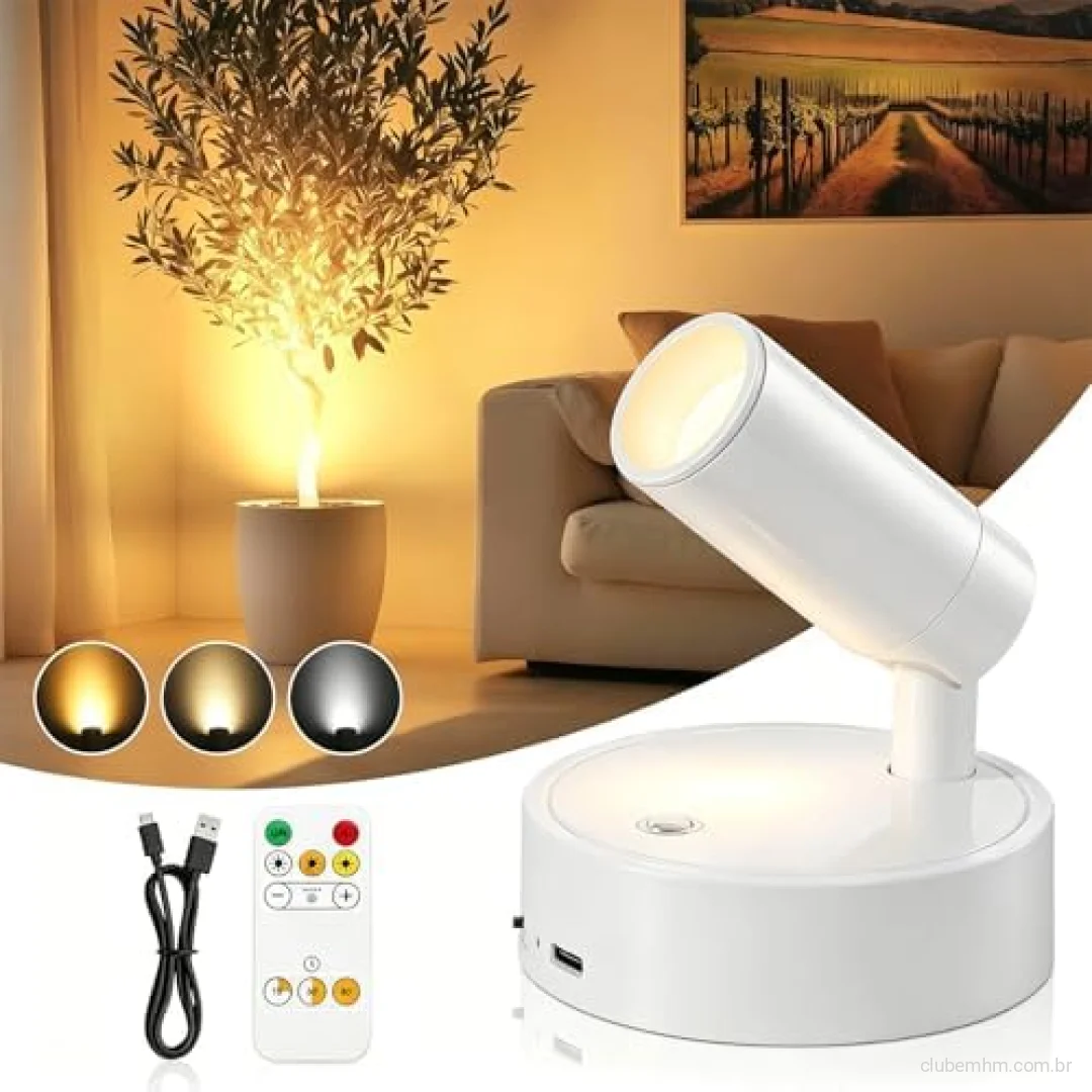 Luminária de Parede LED com Carregamento Type-C, Controle Remoto por RF, Toque de 3 Níveis, Rotação 360°, Luz Magnética Ajustável para Quarto e Cabeceira (Branco)