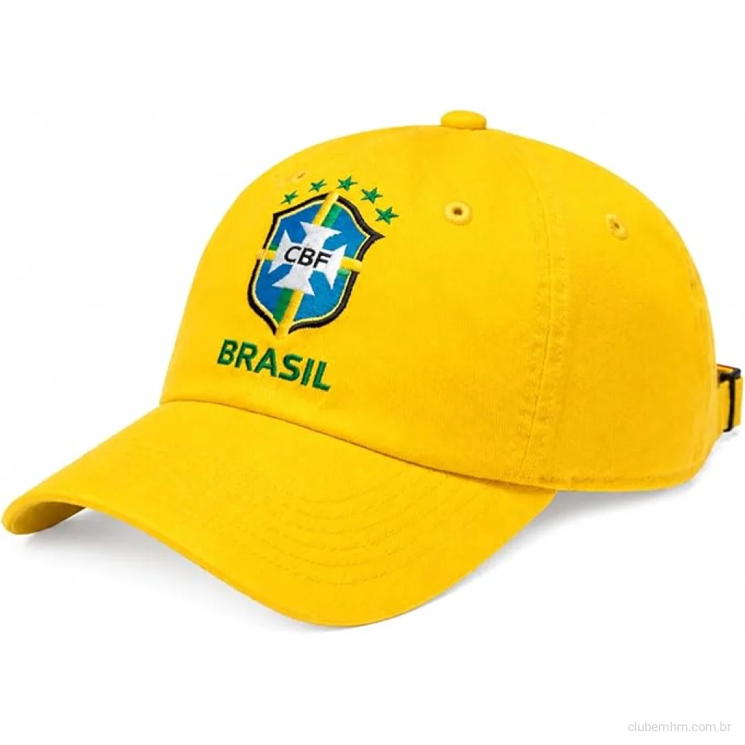 Boné Amarelo Brasil, Aba Curva, Ajustável, Estilo Dad Hat Futebol